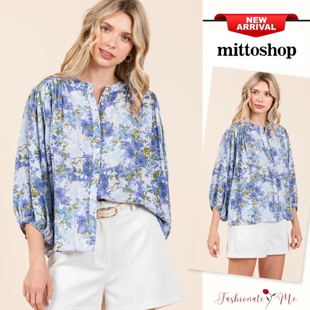Mittoshop Flower Print Batwing Sleeves Button Down Relaxed Fit Blouse | Blue